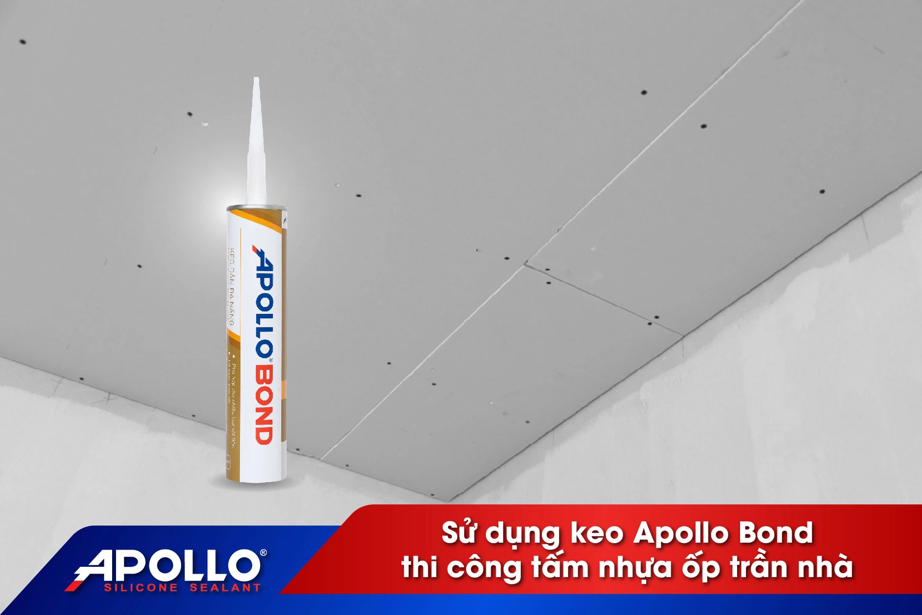 Dùng keo Apollo Bond thi công tấm nhựa ốp trần nhà thay cho đinh vít