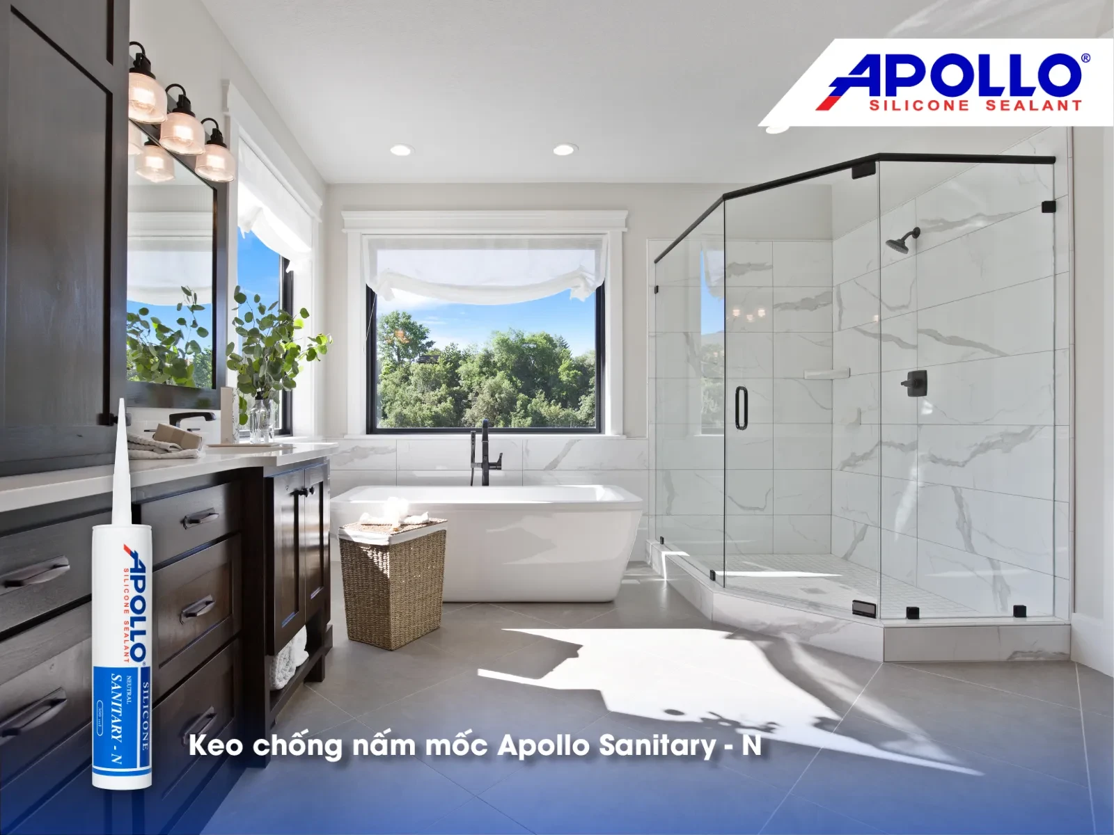 Chất trám chống nấm mốc chuyên dụng Apollo Sanitary - N sẽ ngăn thấm nước và ẩm mốc cho vách kính phòng tắm