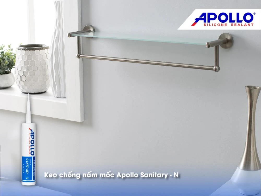 Sử dụng keo chống nấm mốc chuyên dụng Apollo Sanitary - N giúp ngăn ngừa tình trạng thấm nước, nấm mốc cho kệ kính