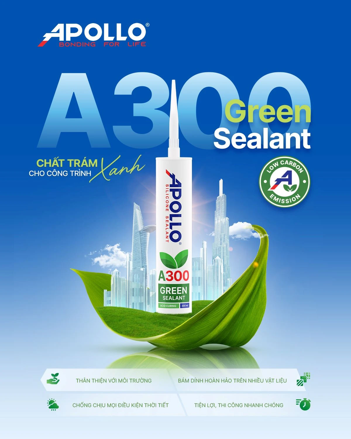 Apollo Green Sealant A300 là chất trám xanh thân thiện với môi trường, đáp ứng các tiêu chuẩn nghiêm ngặt của LOTUS, LEED và EDGE