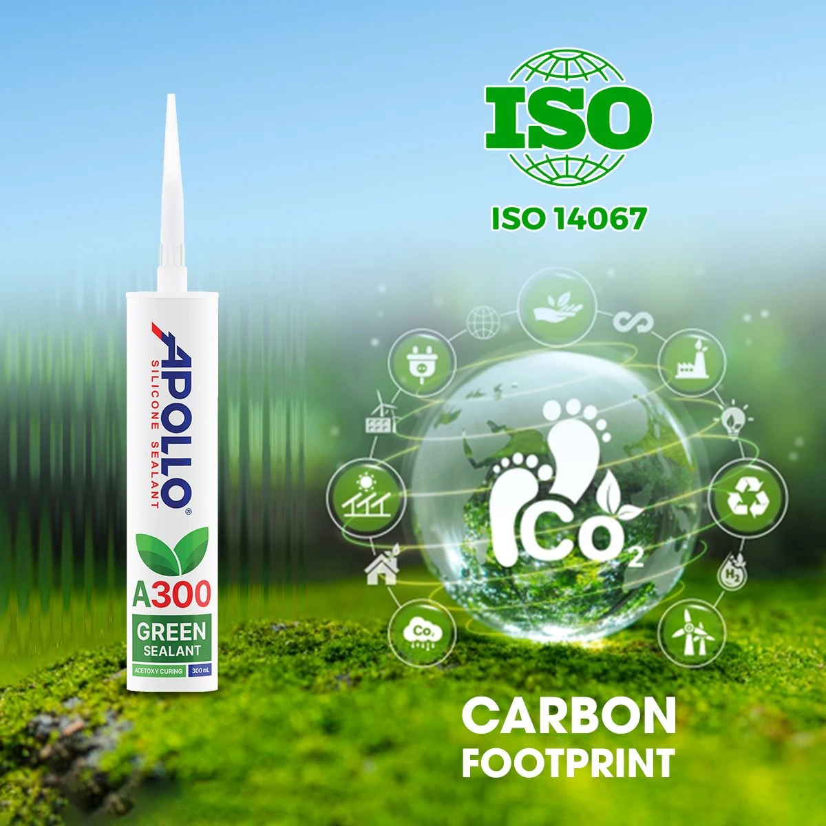 Sản phẩm keo silicone A300 Green Sealant của Apollo Silicone được sản xuất theo tiêu chuẩn ISO 14067 - Carbon Footprint