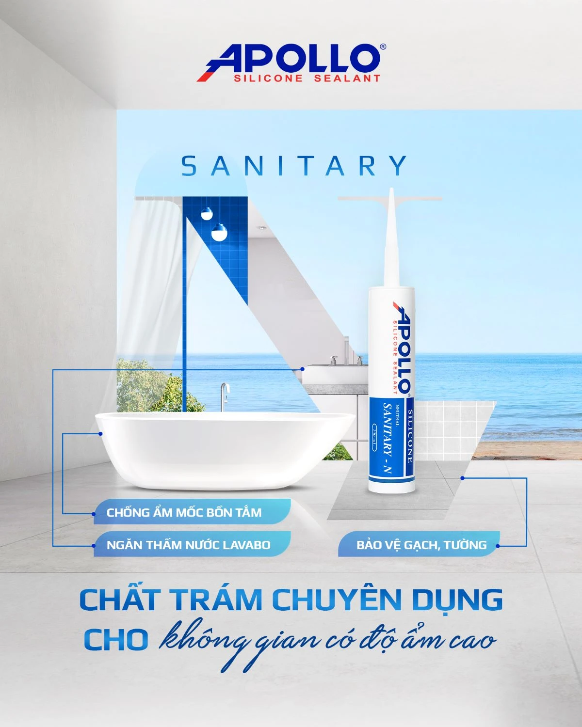 Chất keo silicone chống nấm mốc chuyên dụng Apollo Sanitary - N là sự lựa chọn tối ưu cho không gian có độ ẩm cao