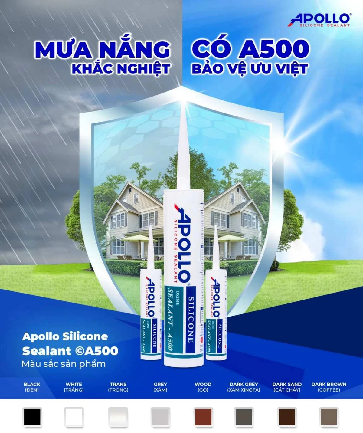 Apollo Silicone A500 sở hữu hệ màu sắc đa dạng lên đến 8 màu, phù hợp với đa dạng hệ tủ bếp bằng nhôm Xingfa