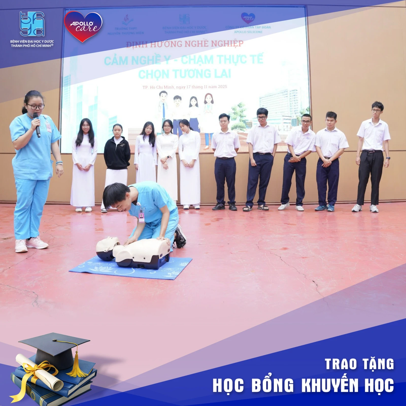 Y bác sĩ Bệnh viện Đại học Y Dược TP.HCM hướng dẫn các bạn học sinh một số kỹ năng cấp cứu người quan trọng