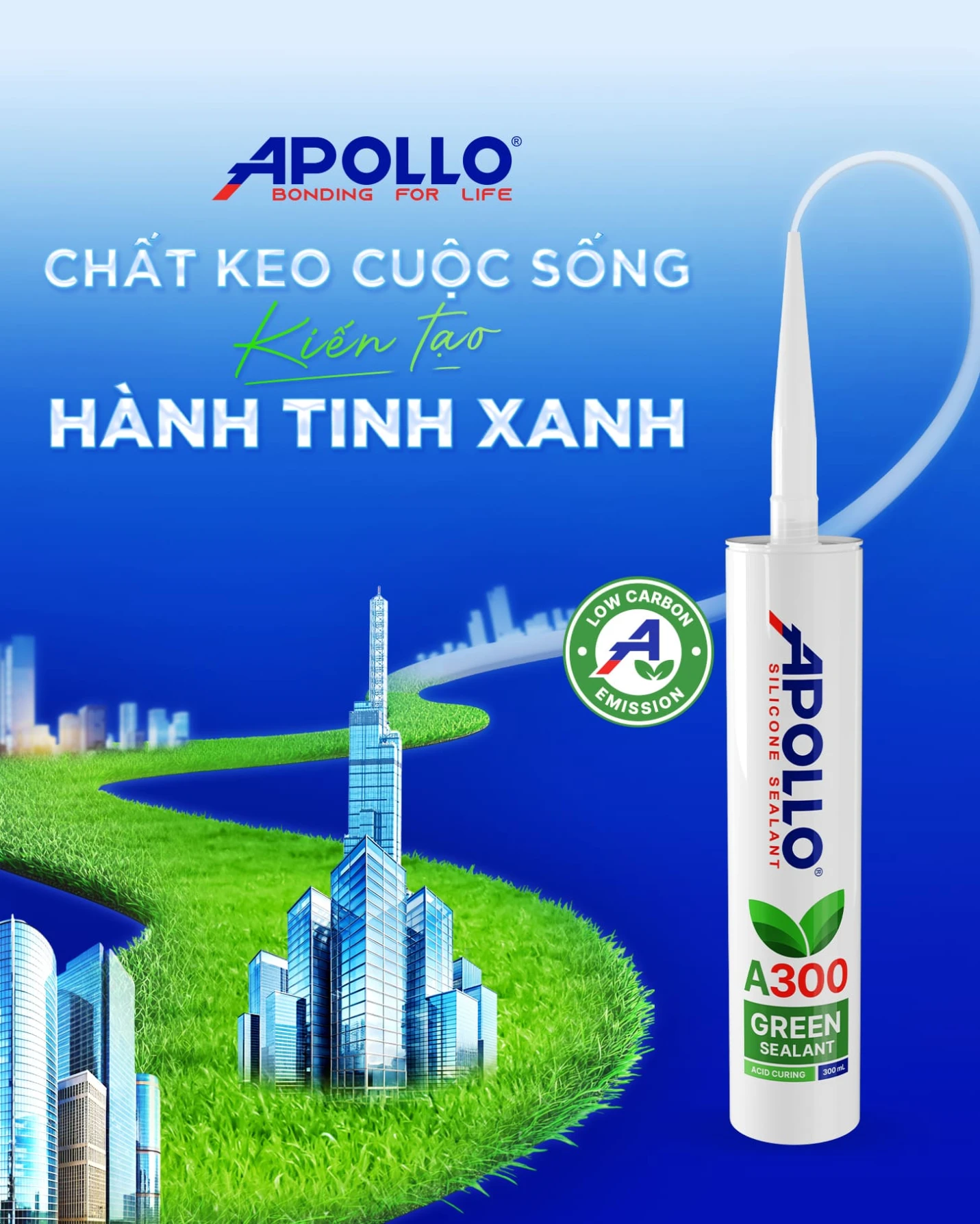 Apollo Green Silicone Sealant A300 là sản phẩm được sản xuất với nguyên liệu đạt tiêu chuẩn trung hòa Carbon