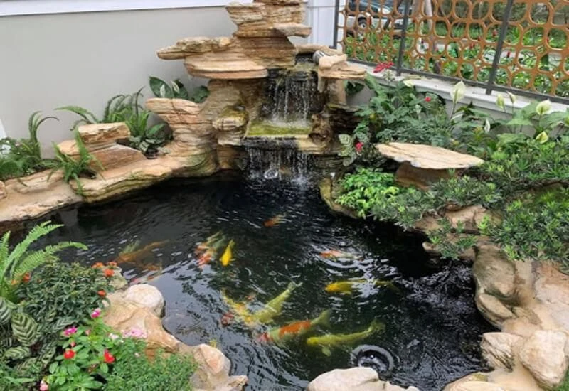 Bể cá koi với tiểu cảnh và hòn non bộ là giải pháp cảnh quan tuyệt vời cho ngôi nhà