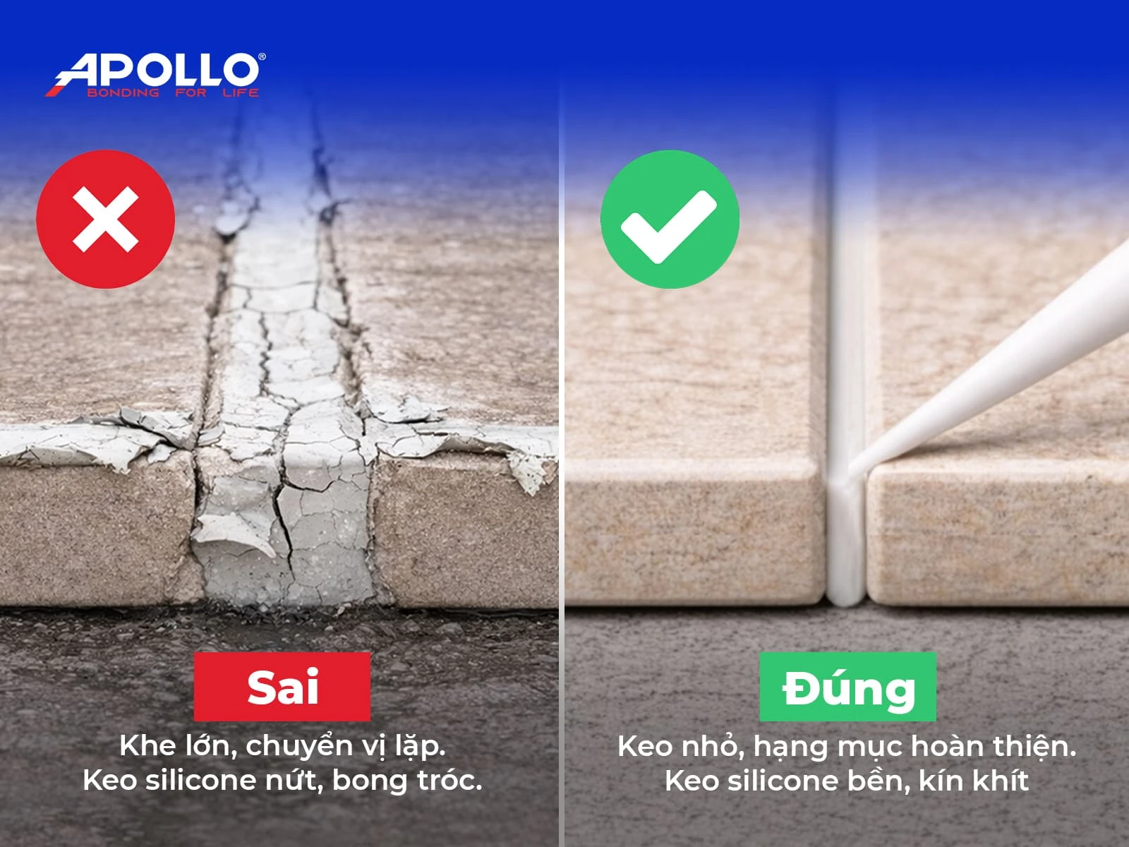 Dùng keo silicone cho khe co giãn lớn có thể dẫn đến keo bị co ngót mạnh, bong tróc, nứt vỡ