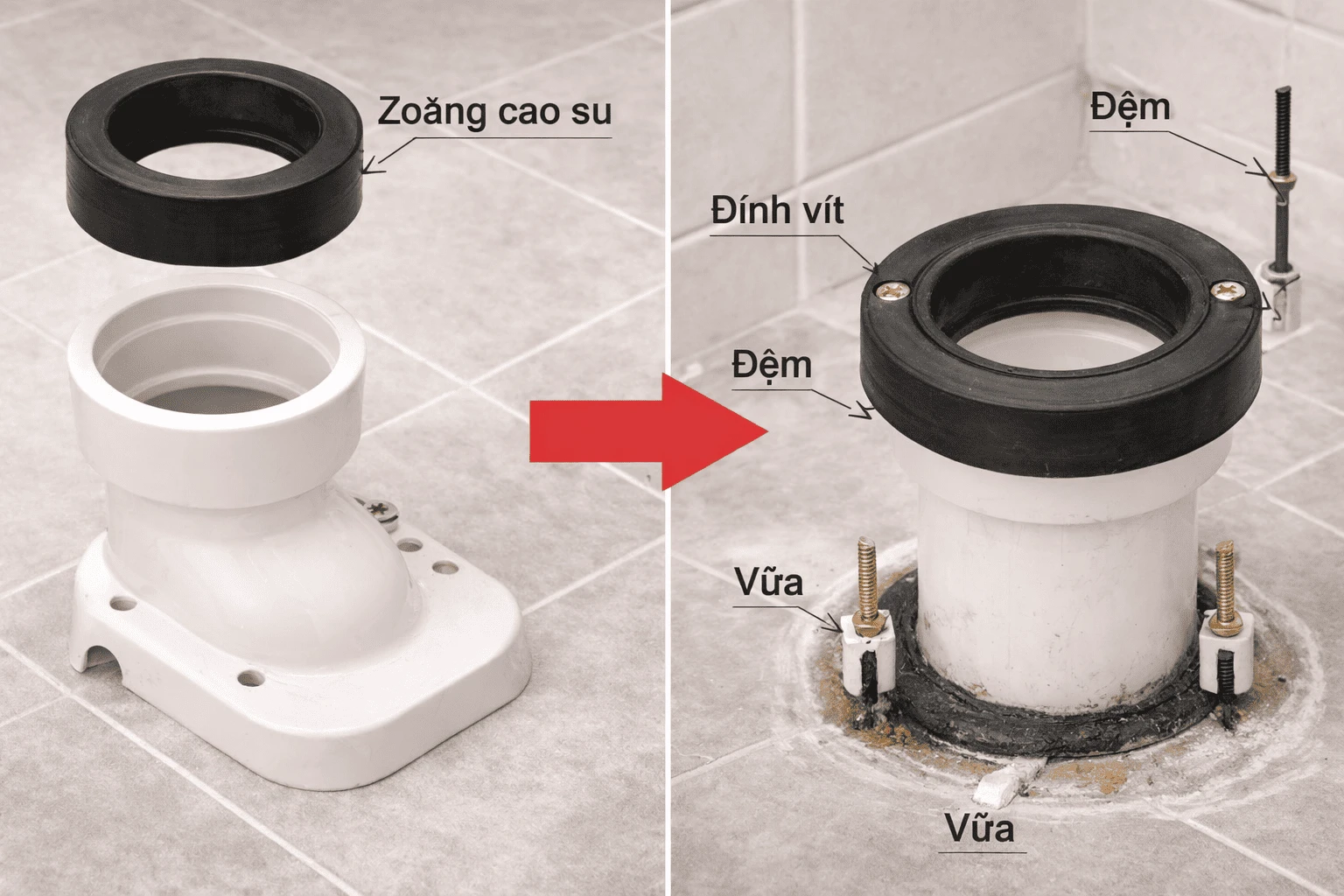 Cách lắp đệm cao su vào đế thải của bồn cầu đúng chuẩn