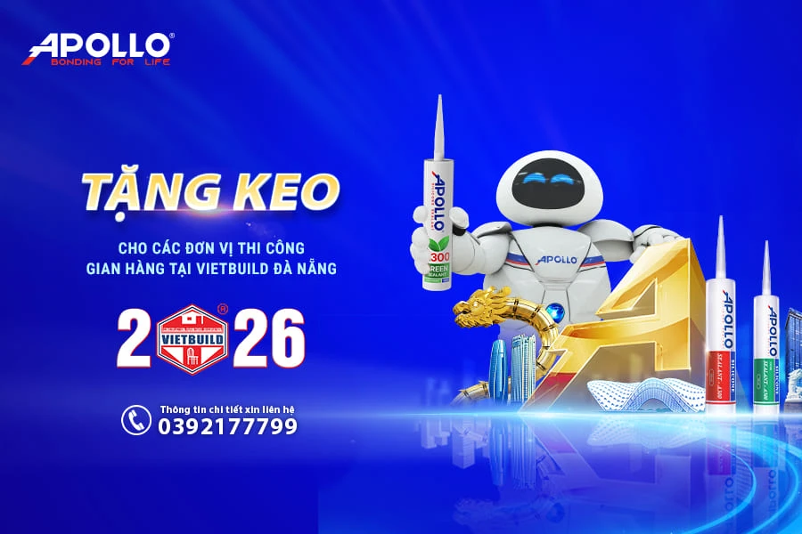 Apollo tặng keo cho gian hàng đơn vị thi công tại Vietbuild Đà Nẵng 2026