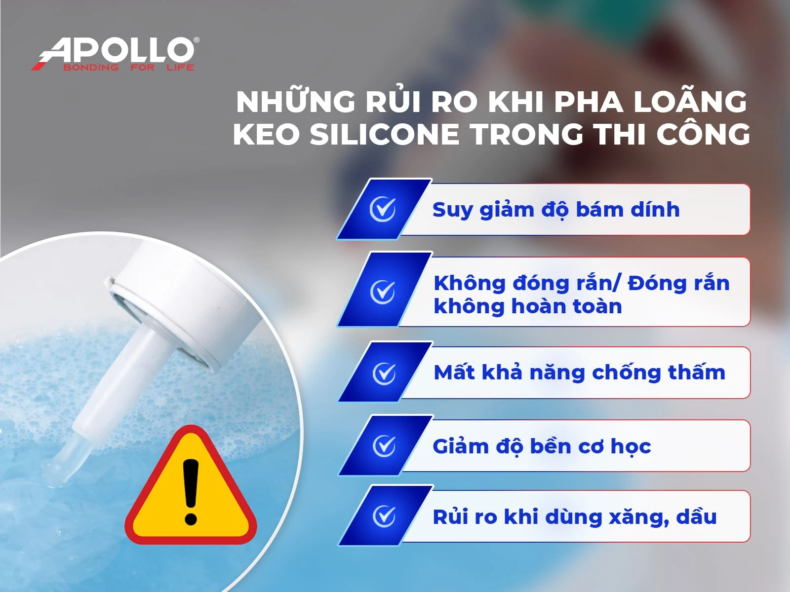Pha loãng keo silicon sẽ làm suy giảm độ bám dính, chống thấm và độ bền, tiềm ẩn rủi ro trong thi công