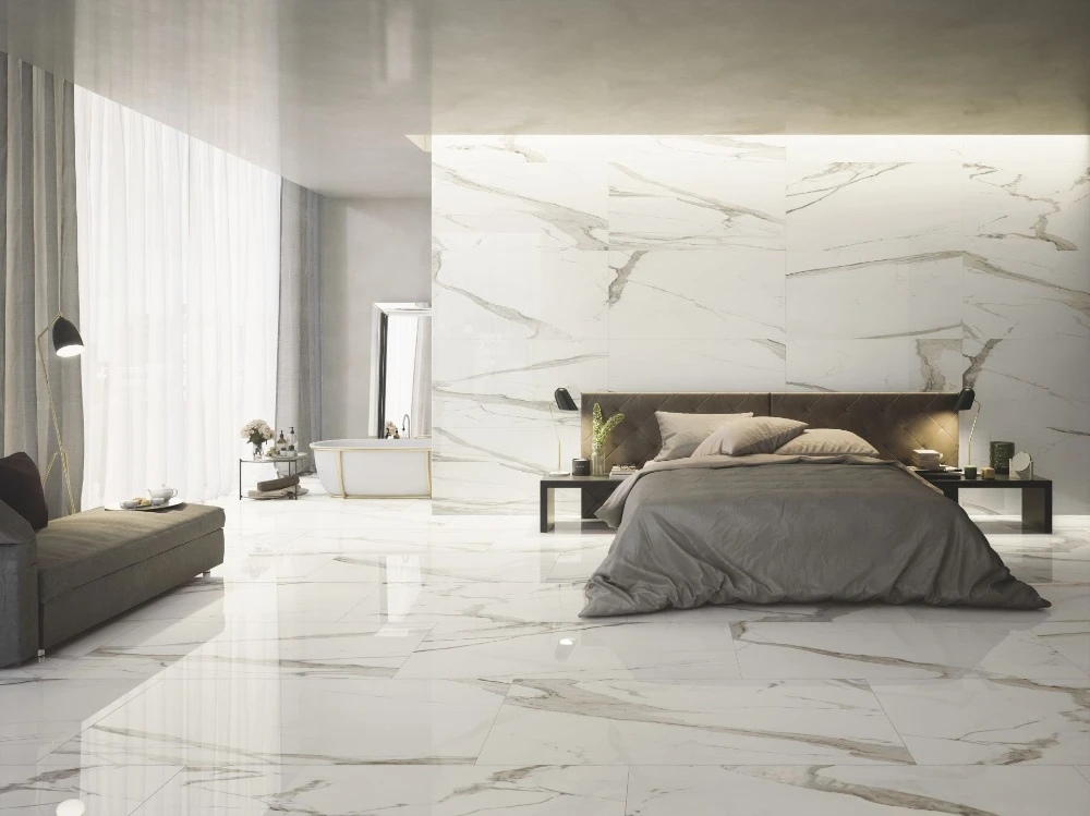 Những mẫu gạch ốp tường phòng ngủ đẹp vân đá là lựa chọn lý tưởng kiến tạo không gian sang trọng và thanh lịch.