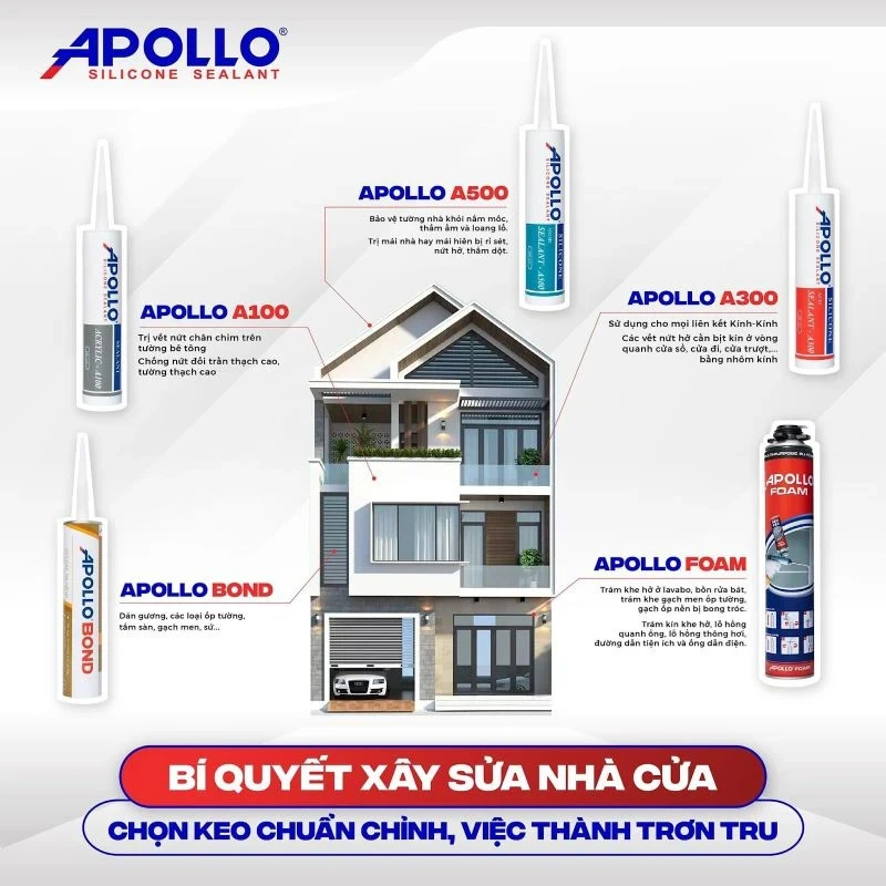 Lựa chọn chất keo Apollo Silicone để thi công nhà ở đảm bảo cho việc thi công tạo ra sự đồng nhất về màu sắc, nâng cao chất lượng thẩm mỹ cho công trình