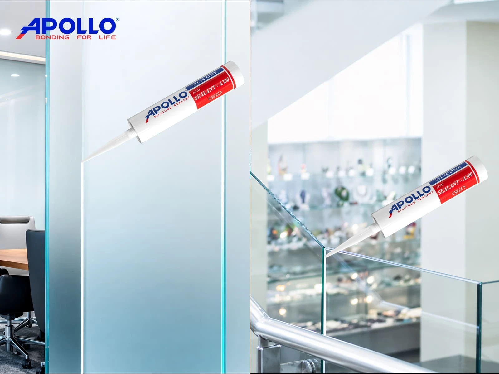 Apollo Silicone A300 là dòng keo silicone axit nổi bật với khả năng bám dính tuyệt vời, bền bỉ và khô nhanh, chuyên dụng cho mối nối kính-kính.