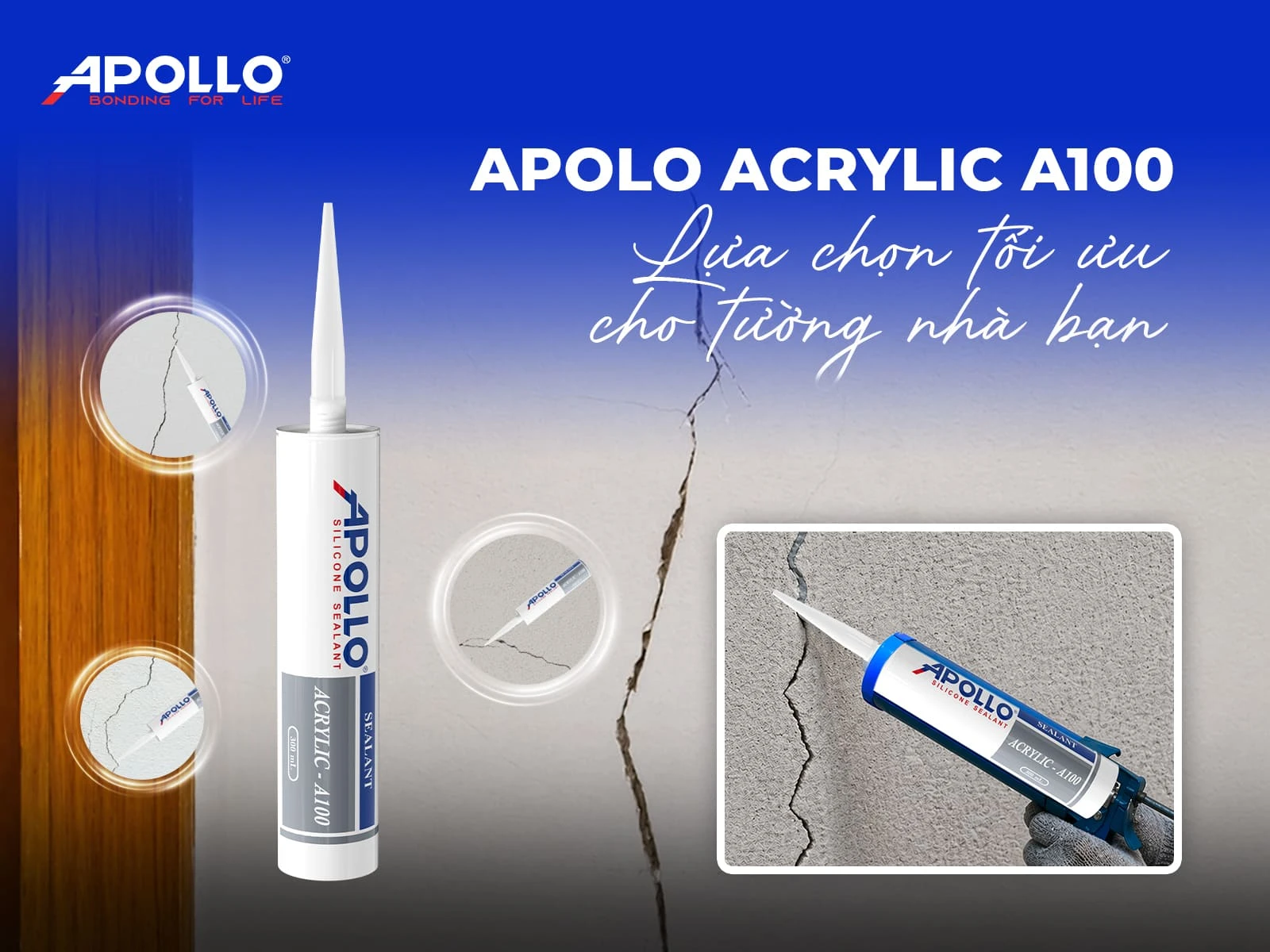Keo tường Apollo Acrylic A100 được nhiều chuyên gia khuyên dùng để xử lý vết nứt tường nhỏ