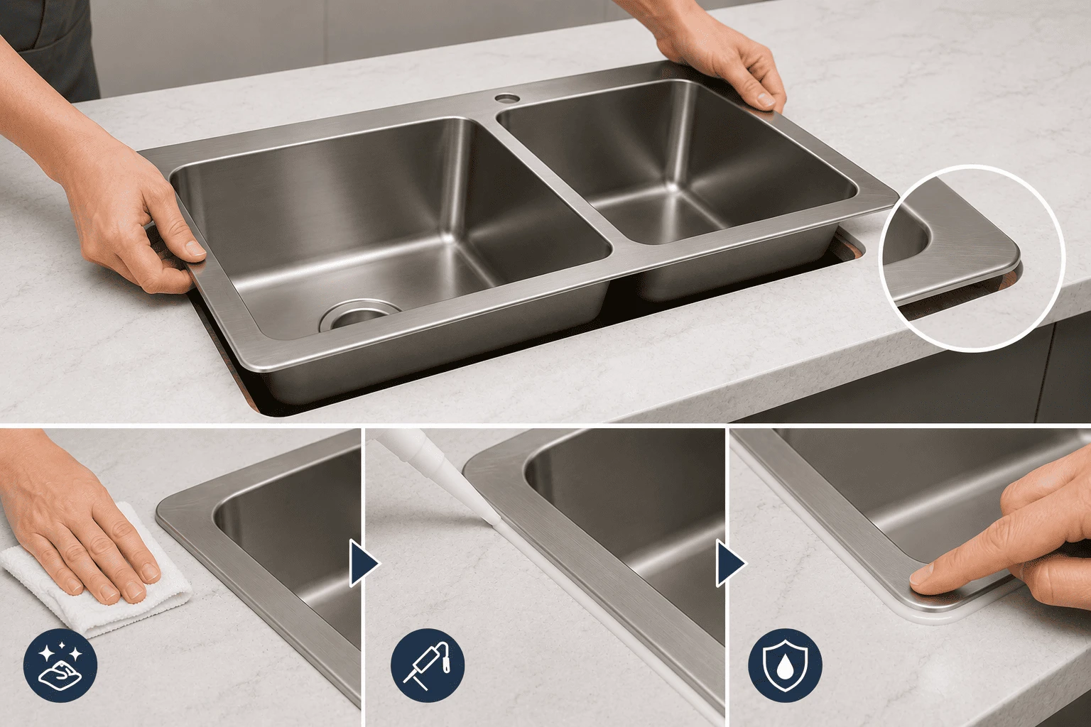 Lắp đặt bồn rửa chén inox vào mặt bàn và bắn keo silicone chống thấm tại viền tiếp giáp