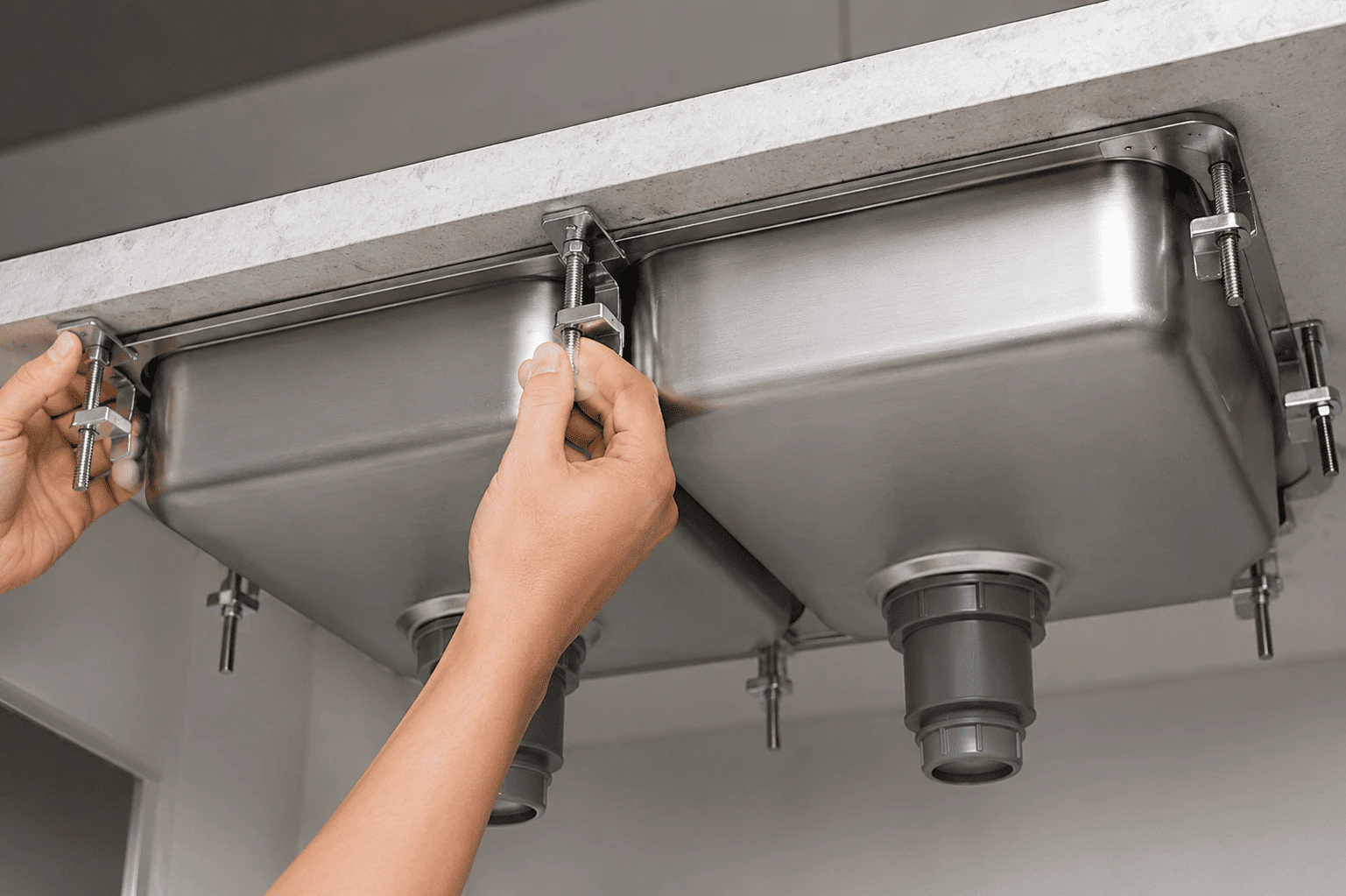 Lắp đặt các kẹp cố định đều quanh viền bồn rửa chén inox