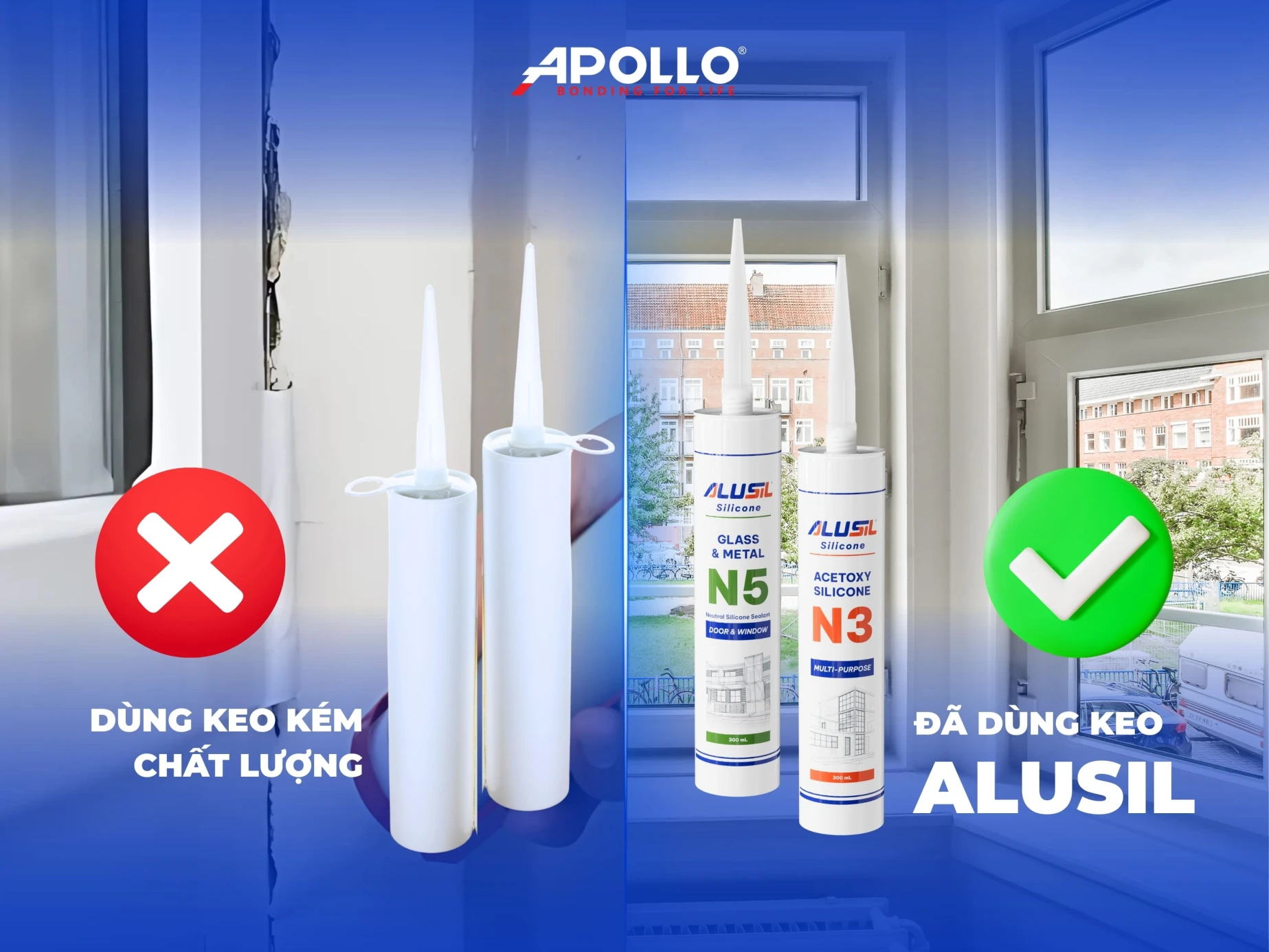 Hậu quả phổ biến khi dùng keo trám kém chất lượng: tường nứt, thấm nước và bong tróc sơn chỉ sau vài mùa mưa.