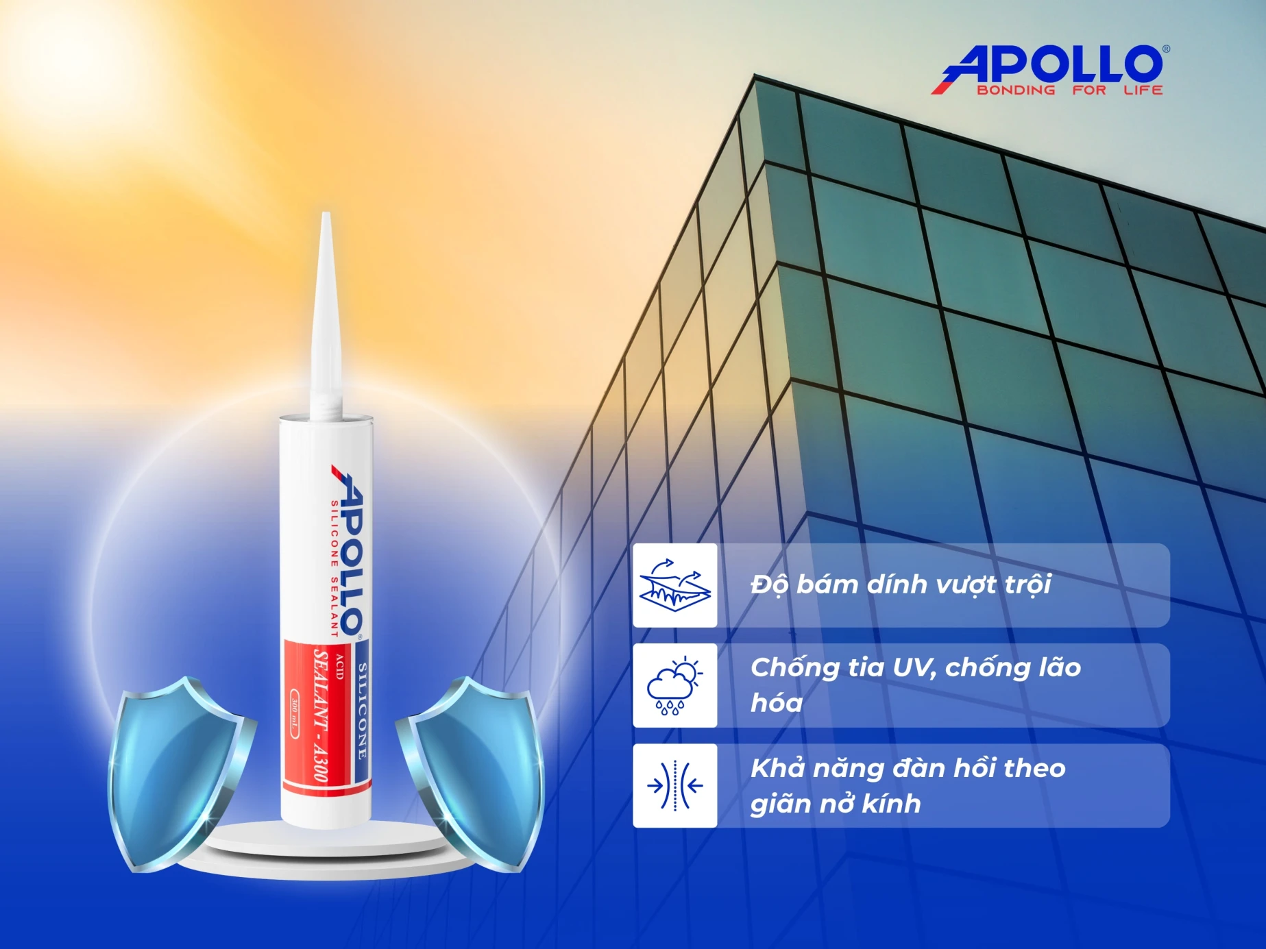 Keo dán kính chuyên dụng Apollo Silicone Sealant A300 là lựa chọn của nhà đầu tư thông minh