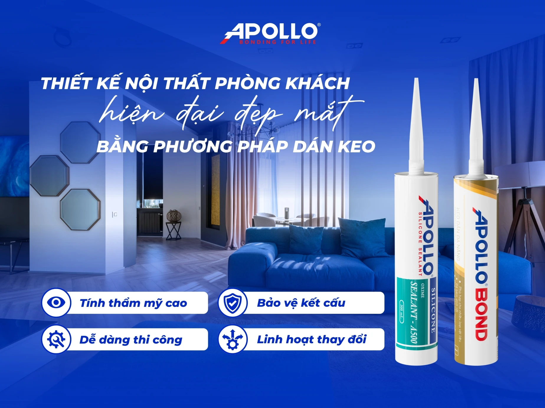 Thiết kế nội thất phòng khách hiện đại đẹp mắt bằng phương pháp dán keo