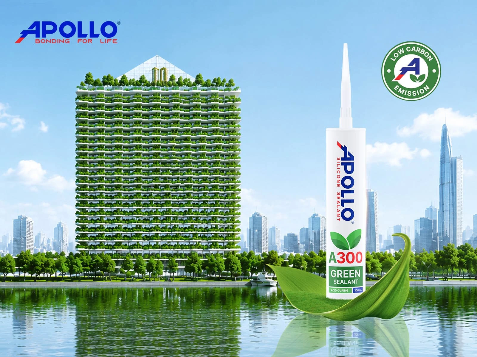 Apollo Green Silicone Sealant A300 có nguồn nguyên liệu được sản xuất đạt tiêu chuẩn trung hoà Carbon (ISO 14067 - Footprinted Carbon) duy nhất hiện nay trên thế giới.