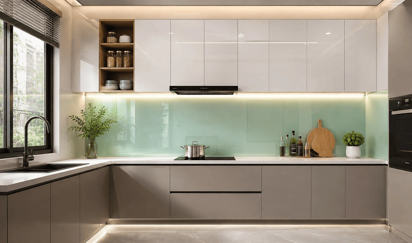 Mẫu kính ốp bếp màu xanh ngọc
