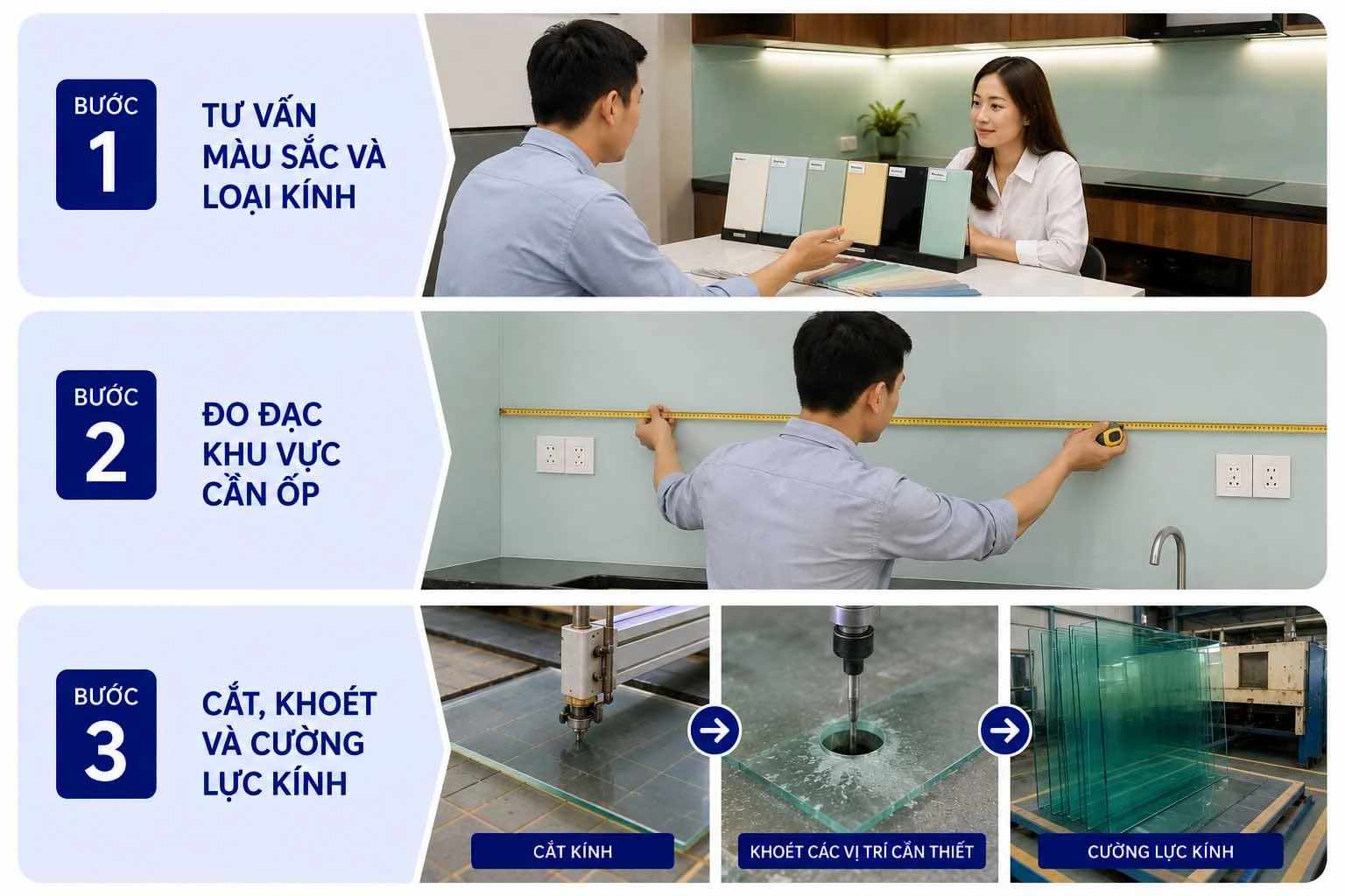 Các bước tư vấn và đo đạc trước khi lắp kính ốp nhà bếp