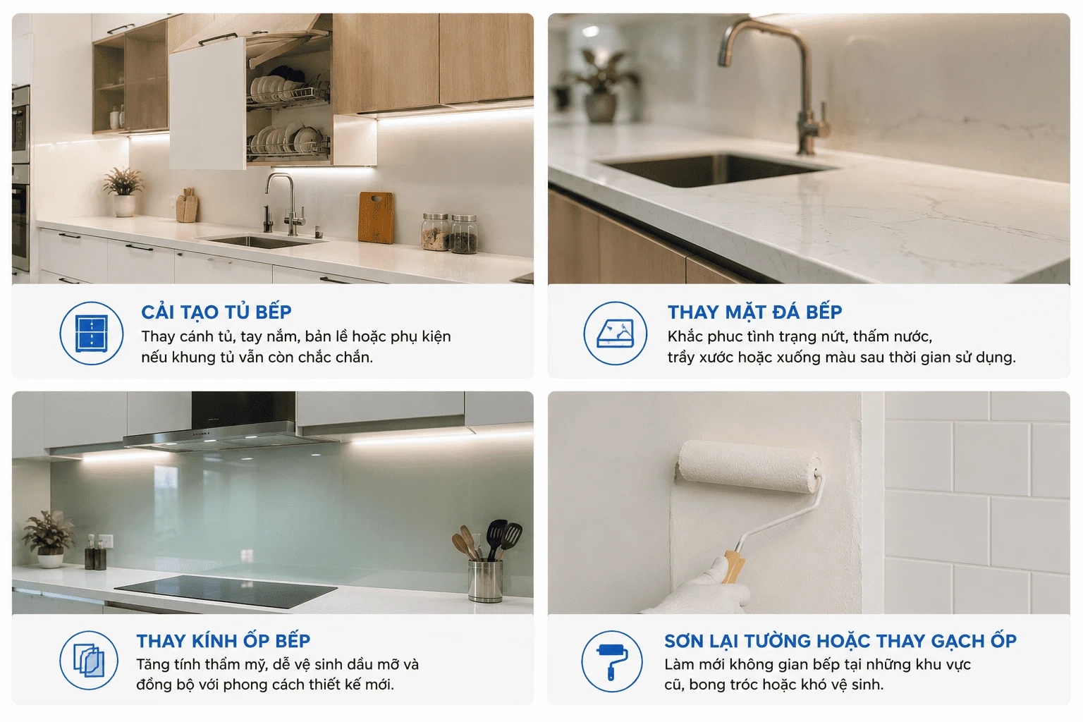 Thay đổi không gian nhanh chóng bằng cách sơn lại cánh tủ, thay mặt bàn bếp, và đổi tay nắm hoặc phụ kiện