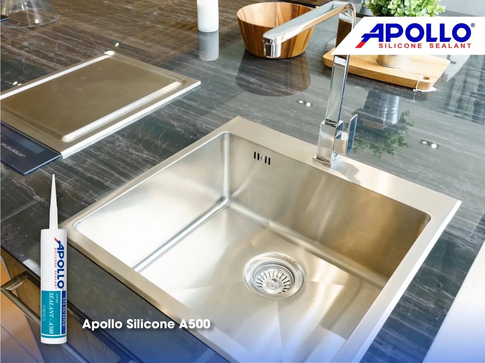 Sản phẩm Apollo Silicone A500 đem đến nhiều ưu điểm cho việc thi công dán bồn rửa chén