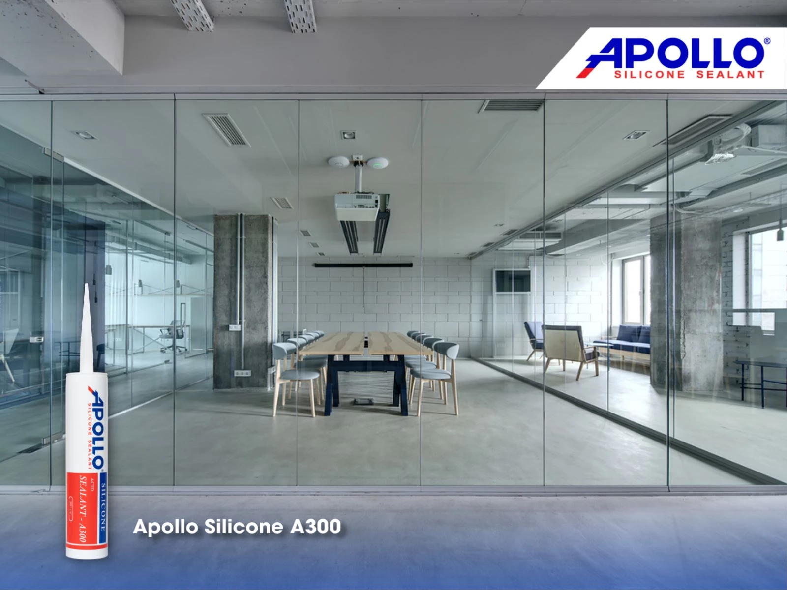 Apollo Silicone A300 phù hợp thi công trám trét vật liệu kính như vách kính văn phòng