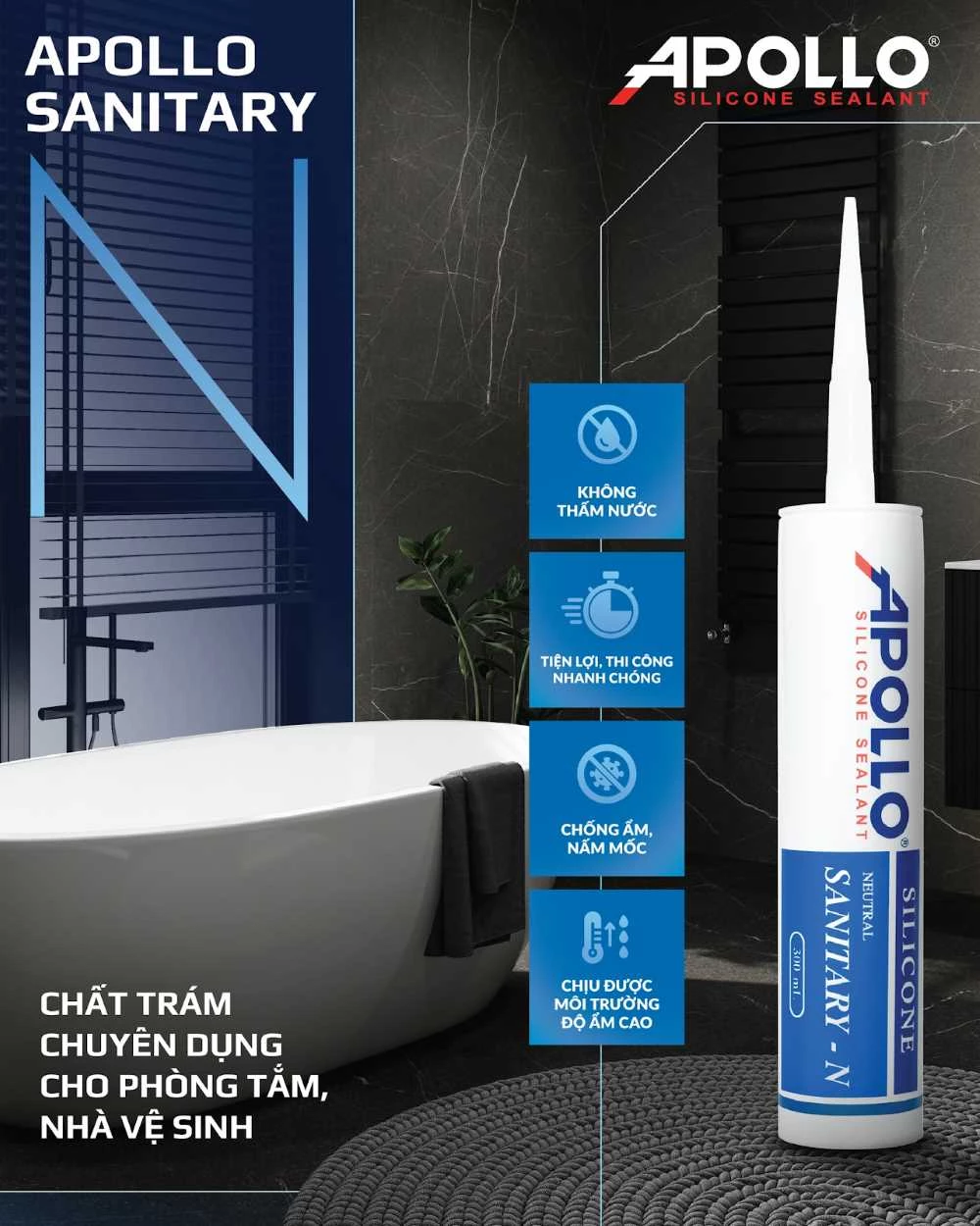 Apollo Silicone Sealant Sanitary - N thích hợp ứng dụng cho khu vực nhà vệ sinh, nhà tắm