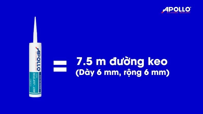 Một chai Apollo Silicone có thể bắn được 7,5m đường keo (dày 6mm và rộng 6mm)